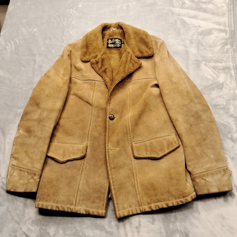 VTG The Leather Shop Jacket Mens 42 Tan Suede Shearling Faux Fur Rancher Coat